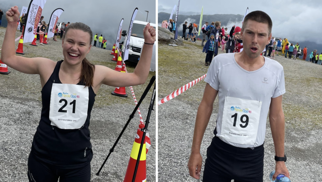 Foto av Ane Brekke og Geir Steig som vann dame- og herreklassen i årets motbakkeløp Bystien Førde Opp opp Hafstadkleiva